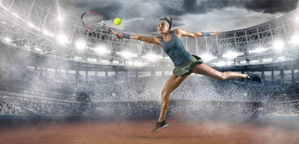 Tennis player in the stadium. Tennis collage Handsome tennis player in the stadium. Sports banner. Tennis collage batting sports activity stock pictures, royalty-free photos & images