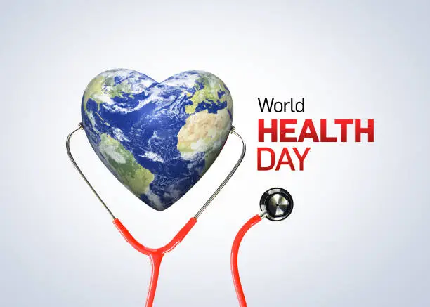 World Health Day concept. Heart and stethoscope design for health day. Global health care and Coronavirus  concept. World Day for Safety and Health at Work. elements of this image furnished by NASA (https://earthobservatory.nasa.gov/blogs/elegantfigures/2011/10/06/crafting-the-blue-marble/)