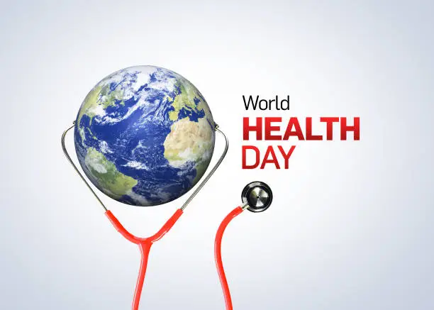 World health day, Stethoscope on  world globe on white background. Save the wold, Global health care and Coronavirus health concept. World Day for Safety and Health at Work.  elements of this image furnished by NASA (https://earthobservatory.nasa.gov/blogs/elegantfigures/2011/10/06/crafting-the-blue-marble/)
