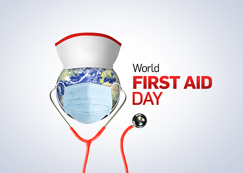 World First Aid Day. Global observance held on the second Saturday in September. World first aid day concept background. elements of this image furnished by NASA (https://earthobservatory.nasa.gov/blogs/elegantfigures/2011/10/06/crafting-the-blue-marble/)