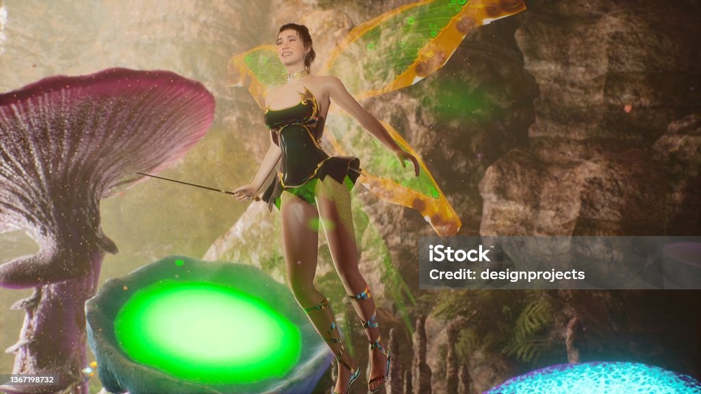 A beautiful fairy accidentally flew into a magical cave with magic mushrooms. The woman was created using 3D computer graphics. 3D Rendering. A beautiful fairy accidentally flew into a magical cave with magic mushrooms. The concept of magical and fairy-tale characters. A magic cave filled with magic. Forest Stock Photo
