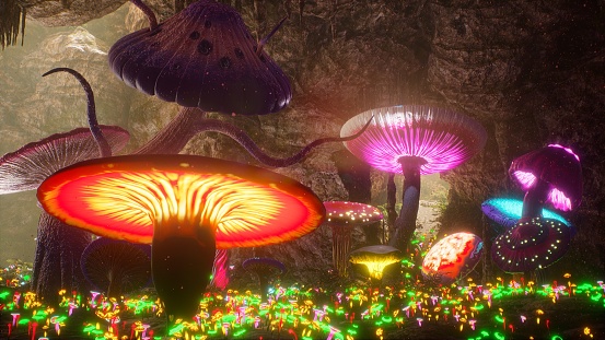 Mysterious magical cave with magical glowing growing mushrooms. The concept of magical mysterious mushrooms. 3D Rendering.