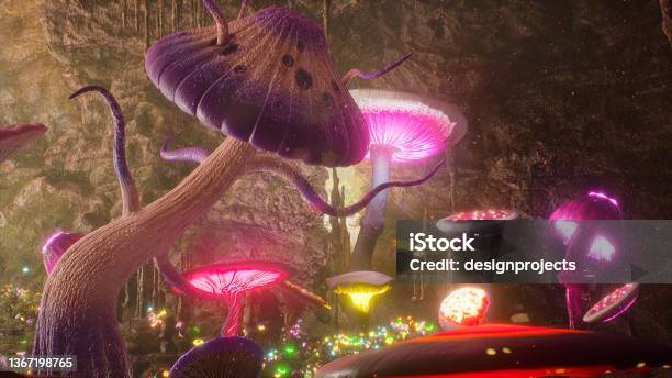Mysterious Magical Cave With Magical Glowing Growing Mushrooms The Concept Of Magical Mysterious Mushrooms 3d Rendering Stock Photo - Download Image Now
