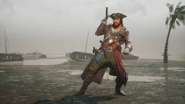 istock A pirate stands on a deserted ocean shore and fires his formidable pistol. The man was created using 3D computer graphics. 3D rendering. 1367198821