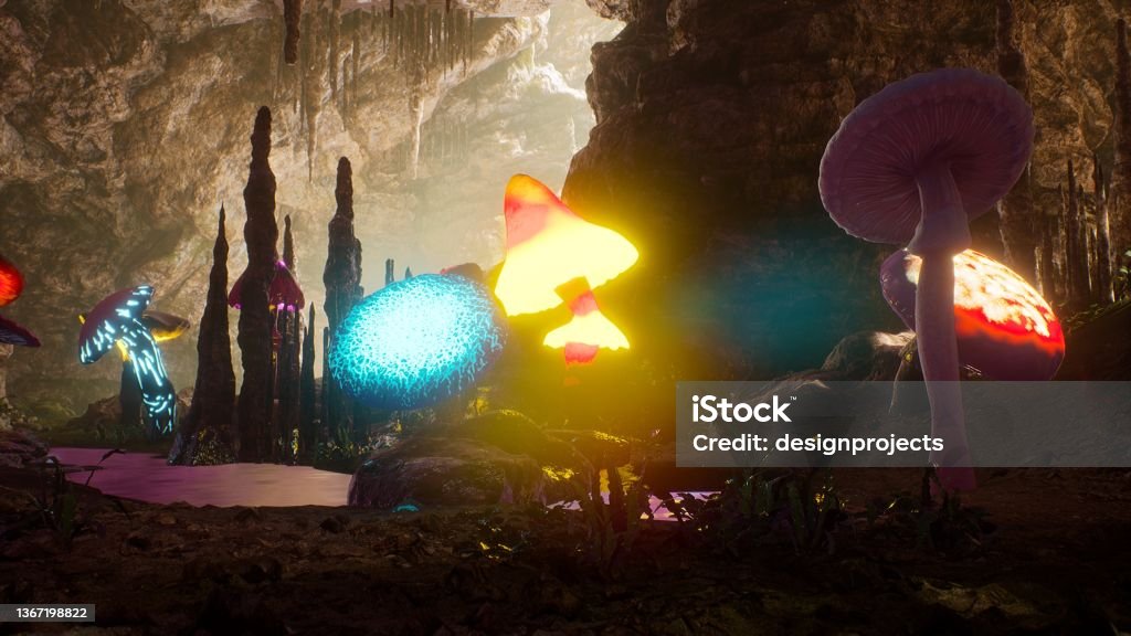 Mysterious magical cave with magical glowing growing mushrooms. The concept of magical mysterious mushrooms. 3D Rendering. Mysterious magical cave with magical glowing growing mushrooms. The concept of magical mysterious mushrooms. A fantastic cave filled with magic. Amanita Stock Photo