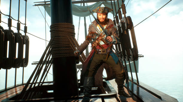 istock A jolly pirate on a ship during a storm trains with his saber. 3D computer graphics. 3D rendering. A pirate on his warship. 3D Rendering 1367198851