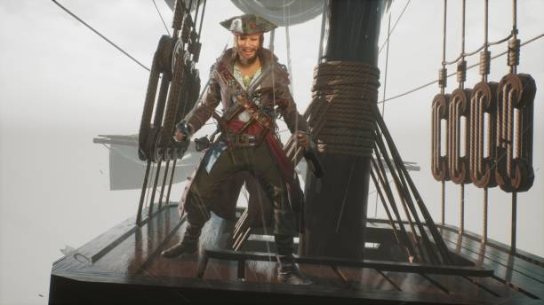 istock A jolly pirate on a ship during a storm trains with his saber. 3D computer graphics. 3D rendering. A pirate on his warship. 3D Rendering 1367198888