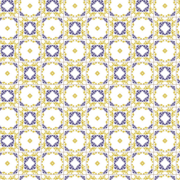 istock Azuleyo seamless pattern yellow and blue ornament.Portugal geometric ceramics. 1367198976