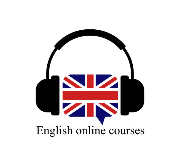 istock Vector english courses logo concept with british flag and headphones. English school logotype 1367198992