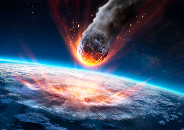 asteroid impact on earth - meteor in collision with planet - contain 3d rendering - elementi di questa immagine fornita dalla nasa - botta grande foto e immagini stock