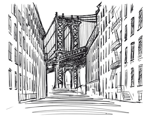 ilustrações de stock, clip art, desenhos animados e ícones de new york bridge, sketch illustration. - brooklyn bridge new york city brooklyn famous place