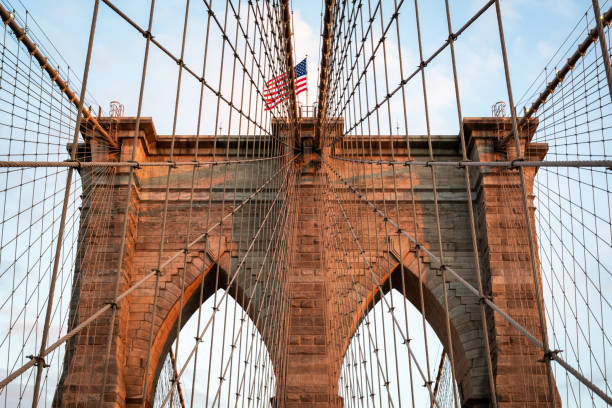Monumental arch of Brooklyn Bridge in New York stock photo