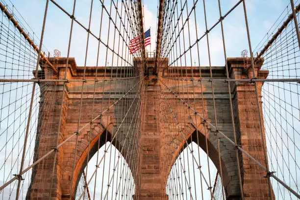Monumental arch of Brooklyn Bridge in New York, NYC