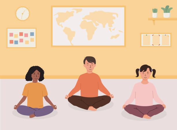 Primary or elementary school kids doing yoga in classroom. Smiling children sitting with cross legs meditating. Preschool activities, early childhood education concept. Alternative school. Vector. Primary or elementary school kids doing yoga in classroom. Smiling children sitting with cross legs meditating. Preschool activities, early childhood education concept. Alternative school. Vector mindfulness kids stock illustrations