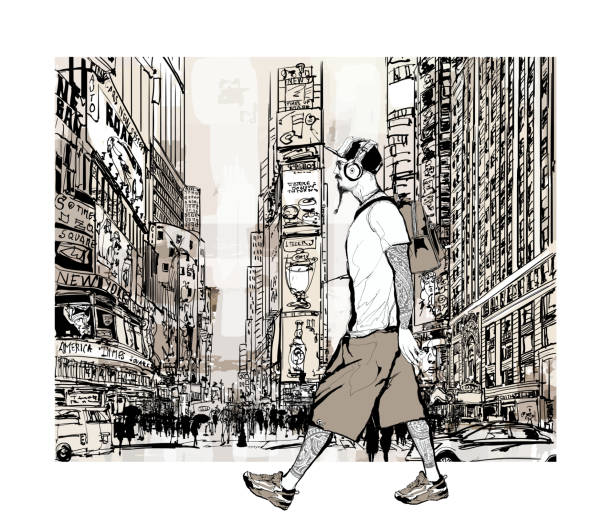 ilustrações de stock, clip art, desenhos animados e ícones de hipster in times square area in manhattan, new york - piazza nova illustrations