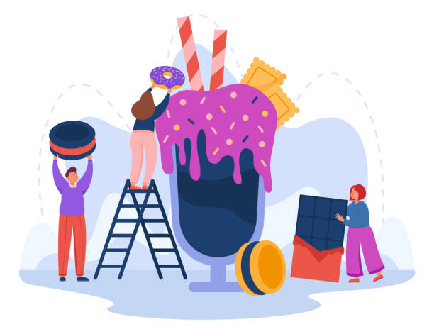 Tiny people making huge sweet cocktail flat vector illustration Tiny people making huge sweet cocktail flat vector illustration. Male and female cartoon characters cooking dessert. Men and women holding big biscuits, chocolate bar. Bakery factory, pastry concept giant donut stock illustrations