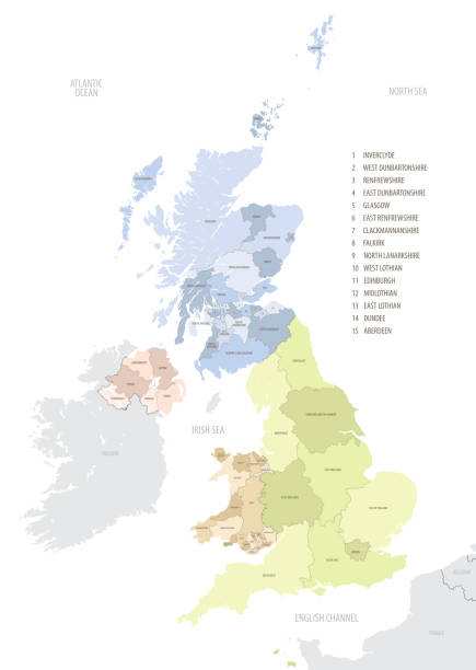 mapa lokalizacji wielkiej brytanii w europie z podziałem administracyjnym, szczegółowa ilustracja wektorowa - uk map regions england stock illustrations