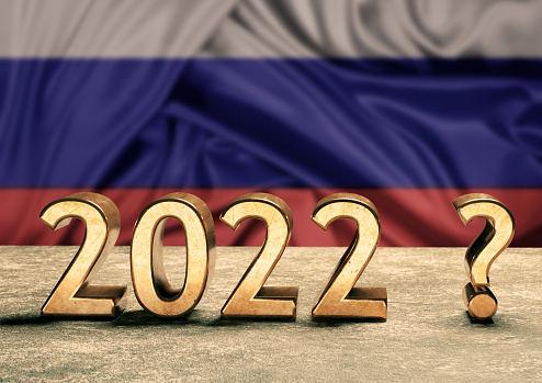 New year 2022 and Russia uncertainty and doubt. Concept of doubt and uncertainty in the new year future. 3D illustration