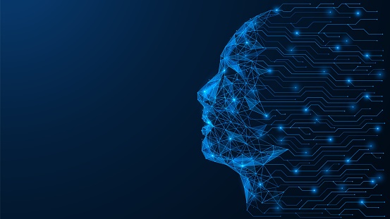 The printed circuit board forms the contour of a person's face. Loading data. Low-poly design of interconnected lines and dots. Blue background.