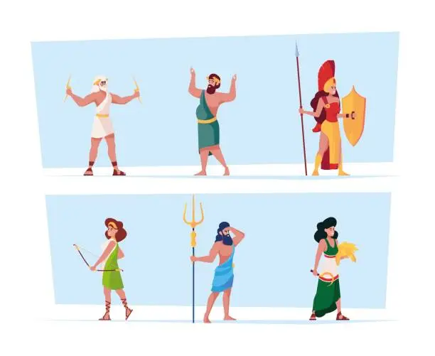 Vector illustration of Greek mythology characters. Ancient goddess from pantheon romans persons hestia mars female godly on olympus garish vector flat templates
