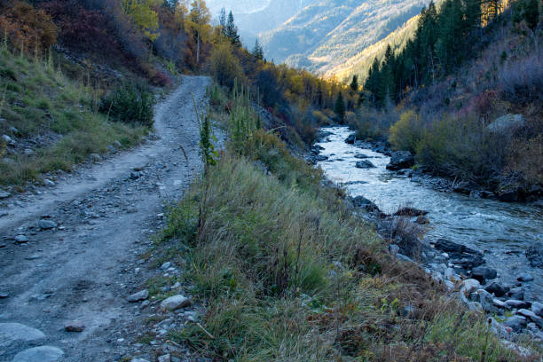 empinado y rocoso 4x4 de un carril estrecho camino de tierra en las montañas rocosas ee.uu. - crystal fotografías e imágenes de stock