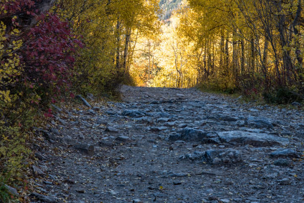 ロッキー山脈米国の急な、岩の4x4 1車線狭い未舗装道路 - crystal ストックフォトと画像