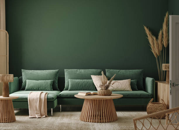 istock Home interior mock-up with green sofa, table and decor in living room 1367206992