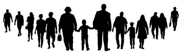 Society, silhouette of family, pensioners, children, couples, men, women. Vector illustration Society, silhouette of family, pensioners, children, couples, men, women. Vector illustration silhouette mother child crowd stock illustrations