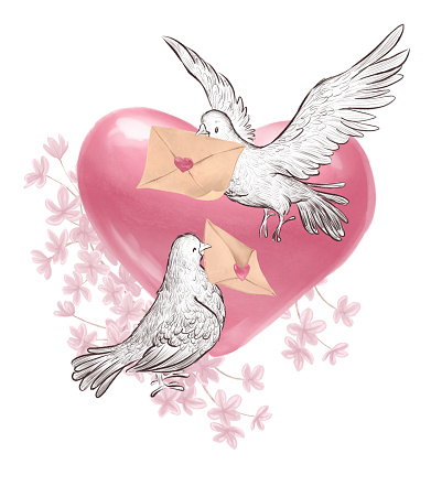 Watercolor holiday illustration with two pigeons holding love letters, big heart and lilac bush backdrop isolated. For Valentine day card, invitation, print, sublimation design.