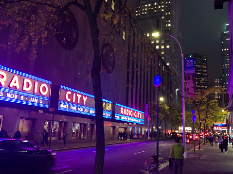 New York City, NY, USA. November 5, 2019. On West 50th Street between the Rockefeller Center and Radio City Music Hall.