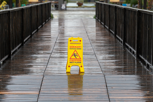 Yellow caution slippery floor sign