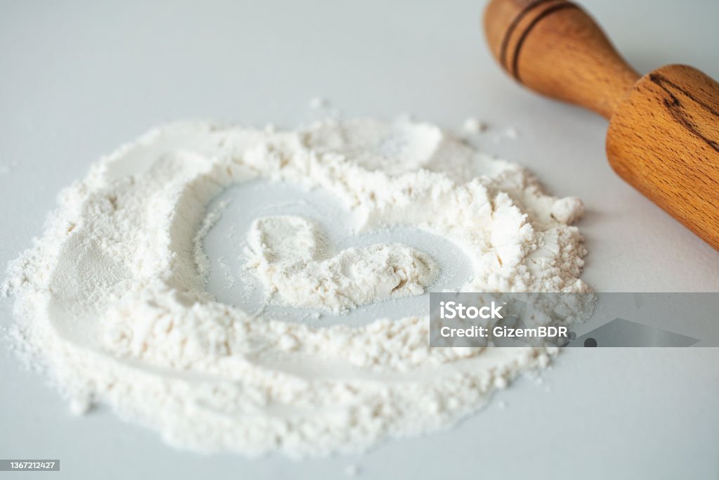 Fresh dough with rolling pin Flour Stock Photo