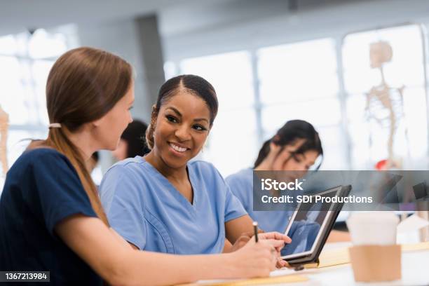 Working together, female interns discuss x-ray on tablet screen
