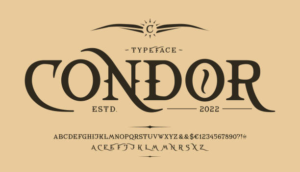 Font Condor. Vintage design. Old label, logo Font Condor. Craft retro vintage typeface design. Graphic display alphabet. Fantasy type letters. Latin characters, numbers. Vector illustration. Old badge, label, logo template. gothic style stock illustrations