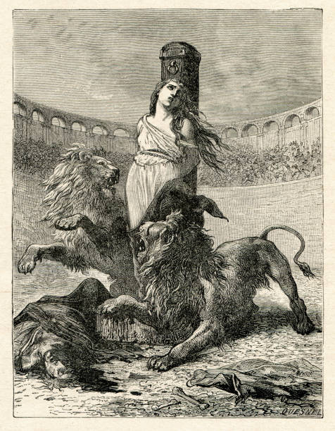 chrześcijanka zjedzona żywcem przez lwy w koloseum w rzymie - ancient rome illustration and painting engraving engraved image stock illustrations