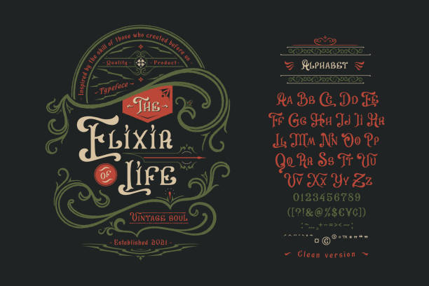 Graphic display font The Elixir of Life Font The Elixir of Life.Craft retro vintage typeface design. Graphic display alphabet. Fantasy type letters. Latin characters, numbers. Vector illustration. Old badge, label, logo template. gothic fashion stock illustrations