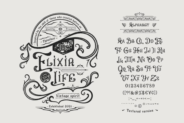 Graphic display font The Elixir of Life Font The Elixir of Life.Craft retro vintage typeface design. Graphic display alphabet. Fantasy type letters. Latin characters, numbers. Vector illustration. Old badge, label, logo template. medieval stock illustrations