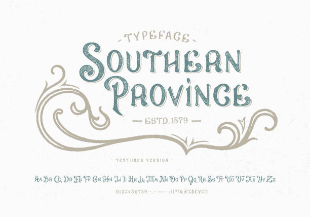 Font Southern Province. Old badge, label, logo Font Southern Province. Craft retro vintage typeface design. Graphic display alphabet. Fantasy type letters. Latin characters, numbers. Vector illustration. Old badge, label, logo template. body adornment stock illustrations