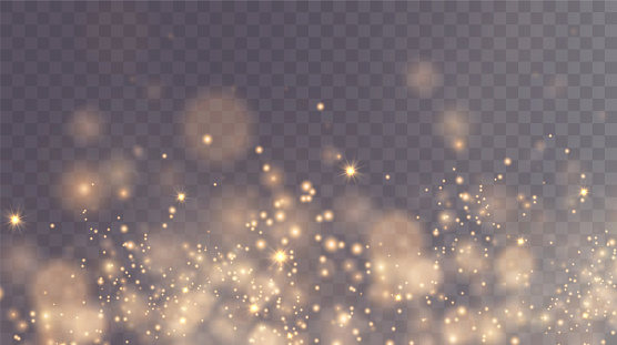 Christmas background. Powder . Magic shining gold dust. Fine, shiny dust bokeh particles fall off slightly. Fantastic shimmer effect. Vector illustrator.