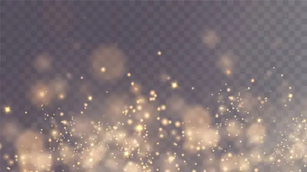 Vector illustration of Christmas background. Powder . Magic shining gold dust. Fine, shiny dust bokeh particles fall off slightly. Fantastic shimmer effect