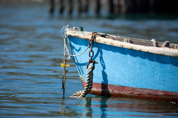 앵커 로프가 있는 작은 파란색 행 보트 앞쪽에 매달려 차분한 와터에서 피어핑 - pier rowboat fishing wood 뉴스 사진 이미지