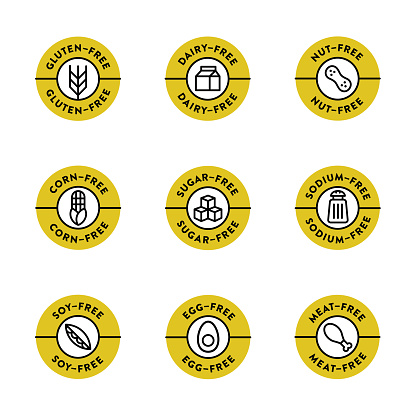 A collection of badges, including: Gluten-free, Dairy-free, Nut-free, Corn-free, Sugar-free, Sodium-free, Soy-free, Egg-free, and Meat-free. Editable stroke.