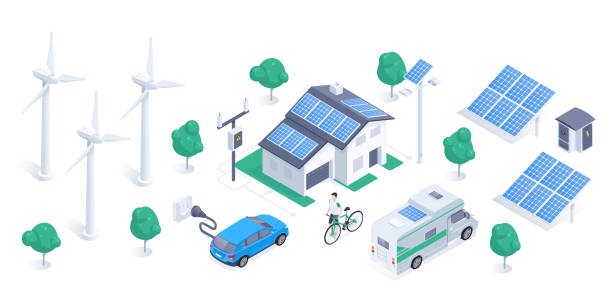 green energy isometric vector illustration isolated on white background, wind generator and solar battery, green energy, electric car and solar powered house battery storage stock illustrations