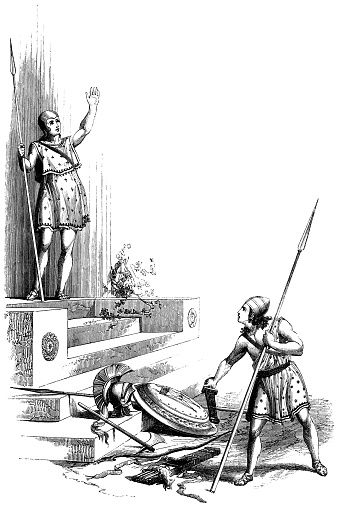 Achilles faces Hector in a duel in the play Troilus and Cressida from the Works of William Shakespeare. Vintage etching circa mid 19th century.