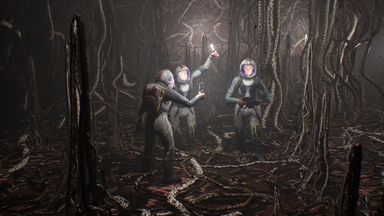 Astronauts on an alien planet find themselves in a creepy cave with alien nightmare creatures. The concept of colonizing distant unexplored planets in deep space. The image is perfect for sci-fi, space or fantasy backgrounds.