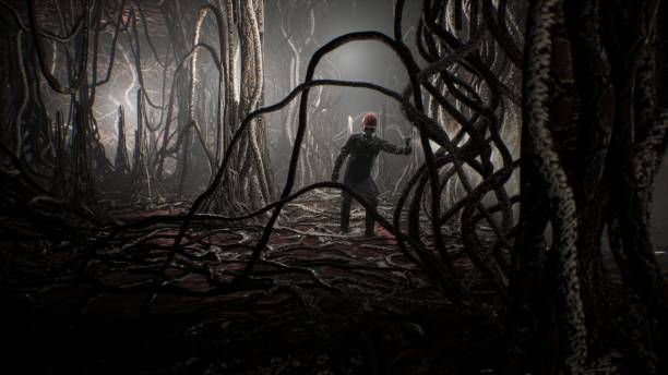 istock A biologist in a protective special suit walks through a cave with creepy alien creatures. The concept of invading nightmare monsters. The image is perfect for sci-fi backgrounds. 3D Rendering 1367223951