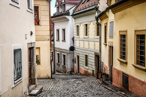 Downhill Street With Cobblestone In Bratislava, Slovakia