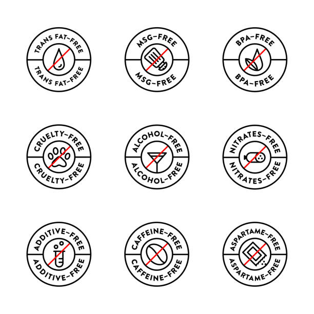 ilustrações de stock, clip art, desenhos animados e ícones de badges for food/products. trans fat-free, msg-free, bpa-free, cruelty-free, alcohol-free, nitrates-free, additive-free, caffeine-free, and aspartame-free–set 4 monoline. - caffeine free