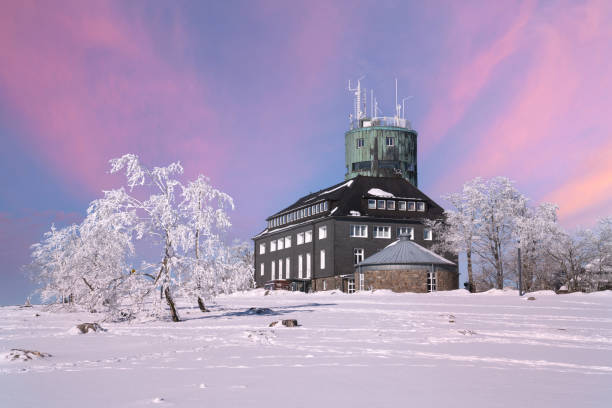 Winterberg, Germany - February 13, 2021: Panoramic landscape image of Kahler Asten during wintertime on February 13,2021 in Winterberg, Sauerland, Germany