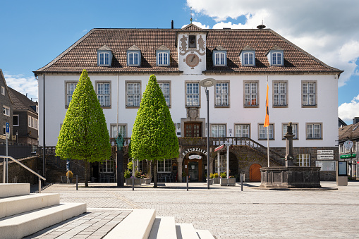 Wipperfuerth, Germany - May 13, 2021: Panoramic image of the historic townhall  of Wipperfurth, Bergisches Land on May 13, 2021 in Germany